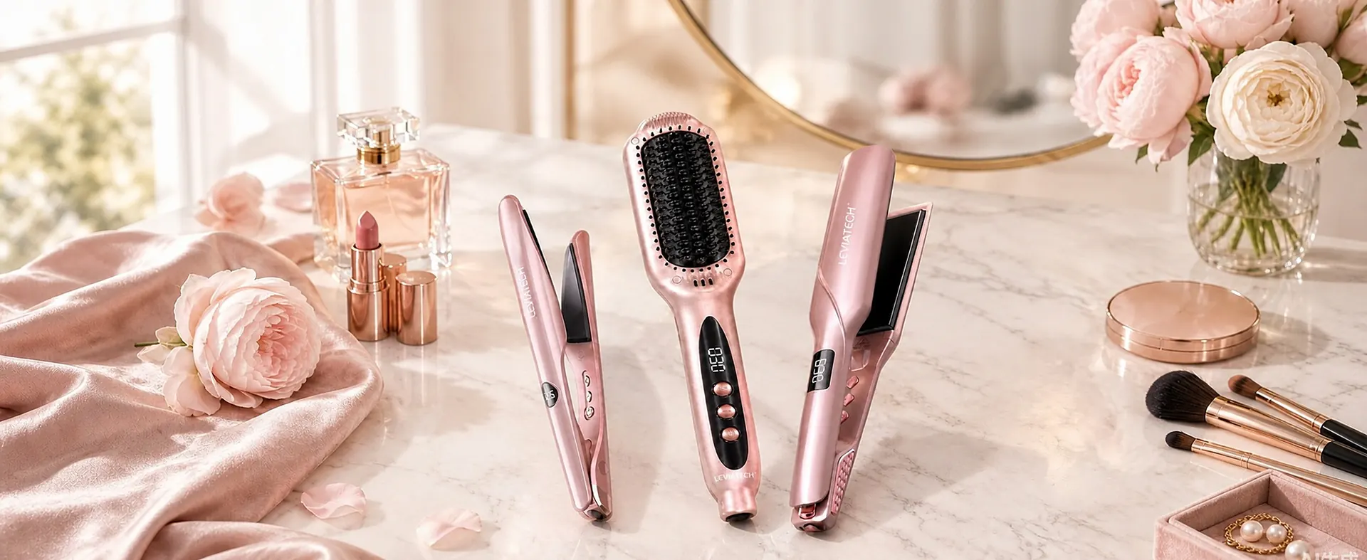 Leviatech beauty appliances on a marble vanity table