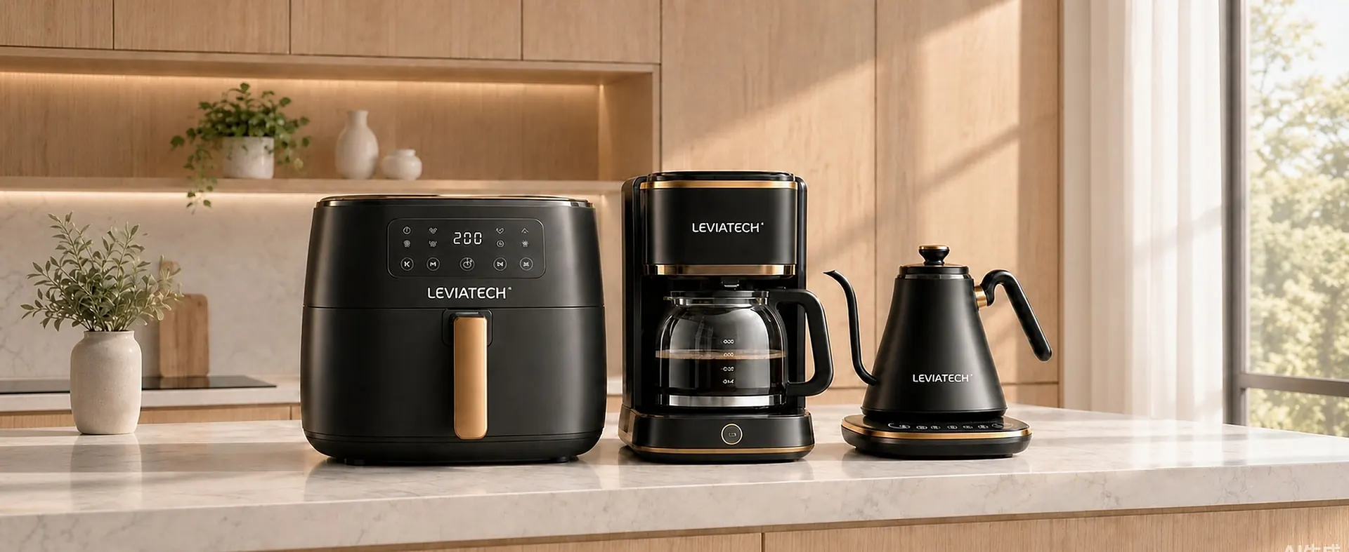 Leviatech kitchen appliances on a warm marble countertop